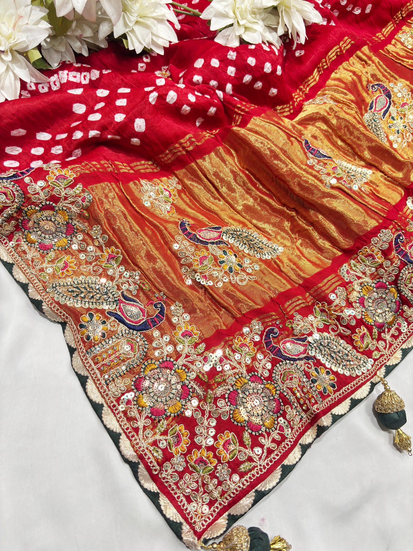 Gajji Silk Regal Red-Gold Embroidered Saree with Paisley Motifs