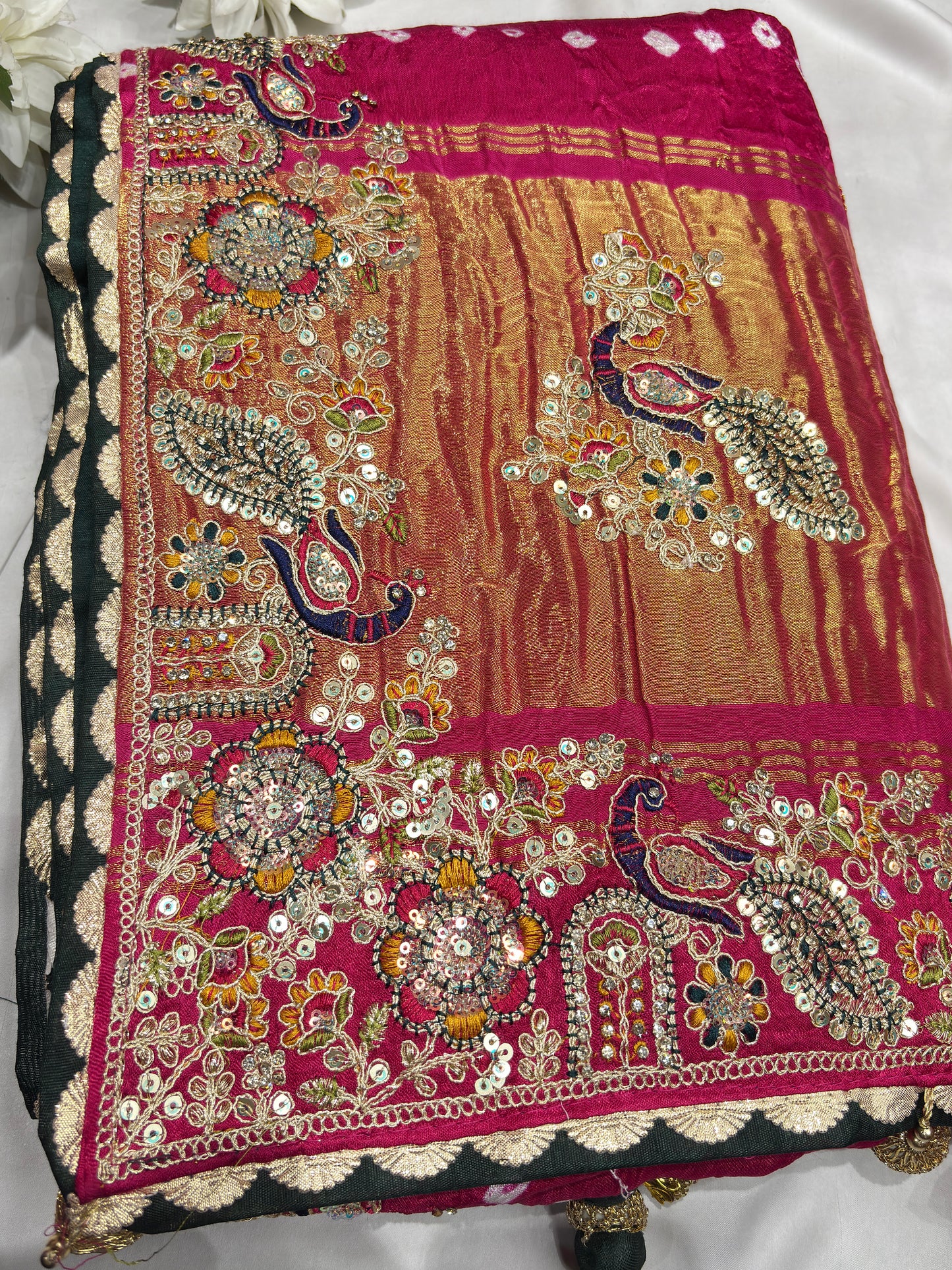 Gajji Silk Rani Colour Saree with Peacock and Paisley Motifs