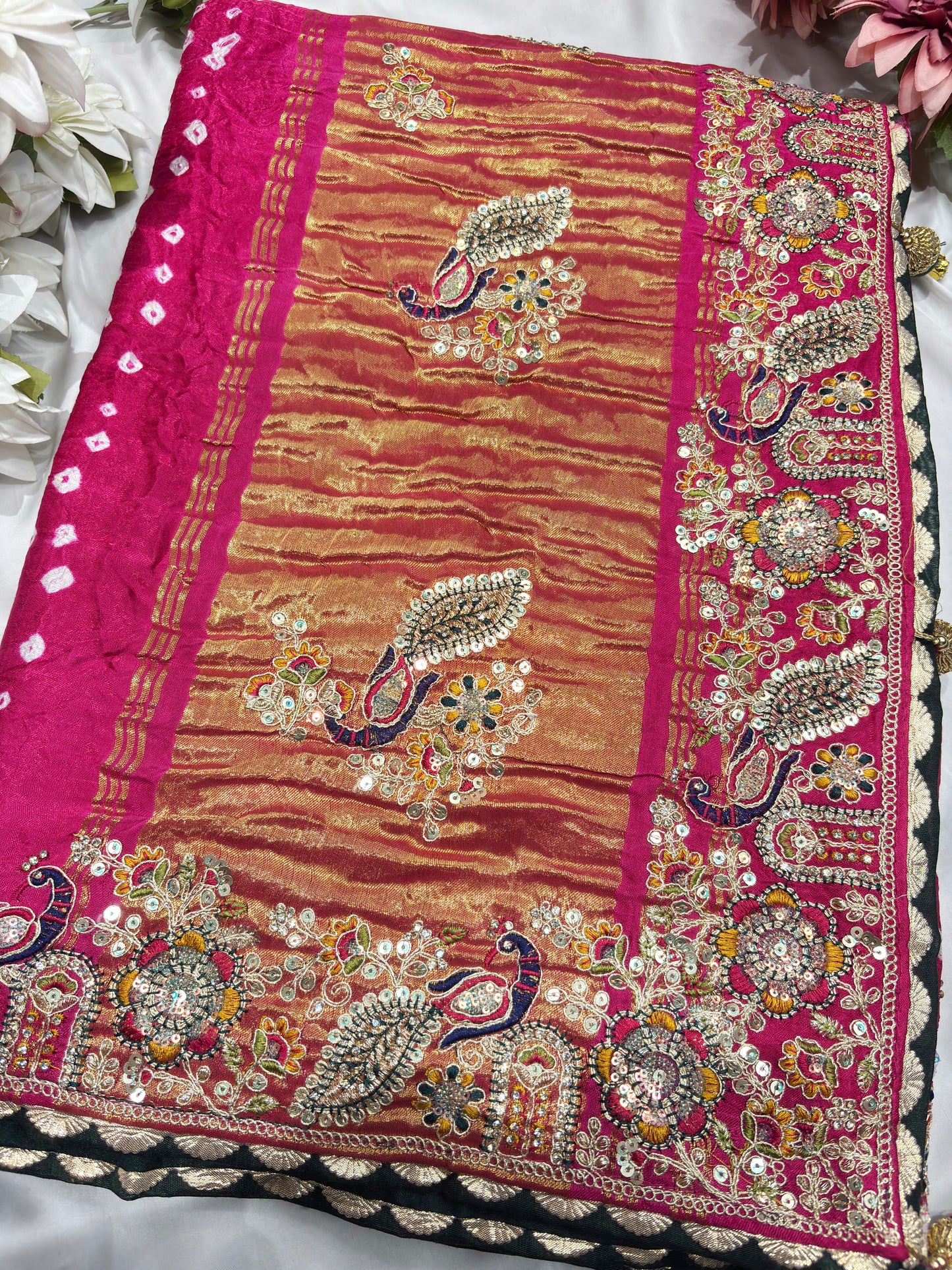 Gajji Silk Rani Colour Saree with Peacock and Paisley Motifs