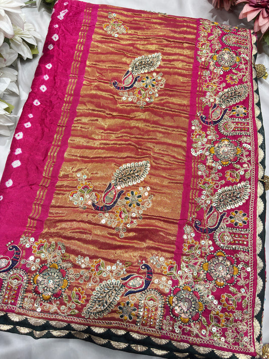 Gajji Silk Rani Colour Saree with Peacock and Paisley Motifs