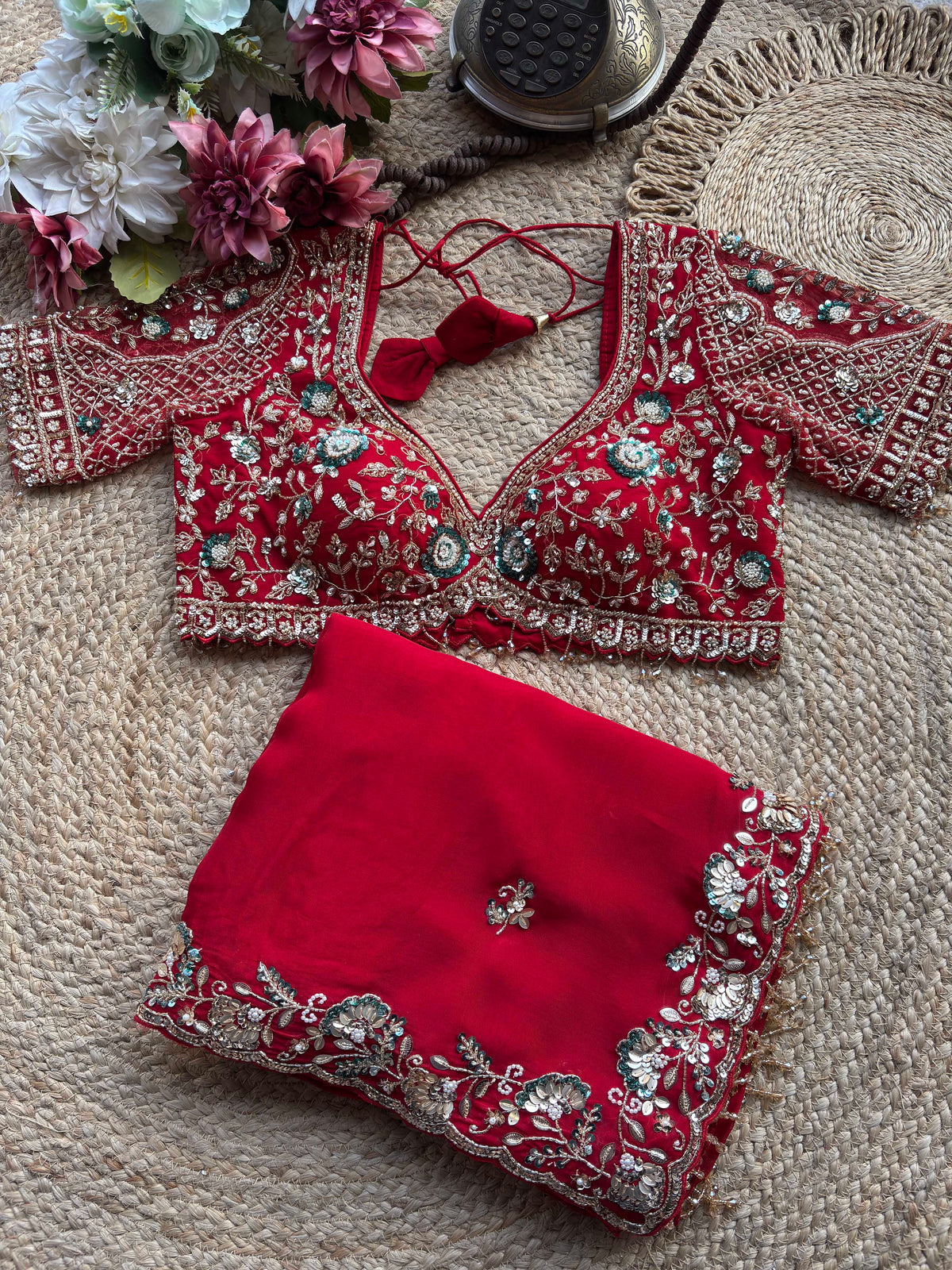 Red Embroidered Saree with Floral Sequin Designer Blouse