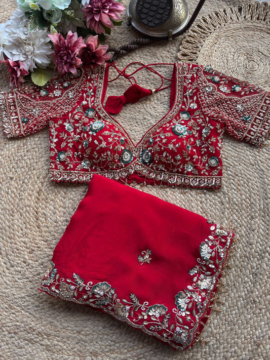 Red Embroidered Saree with Floral Sequin Designer Blouse