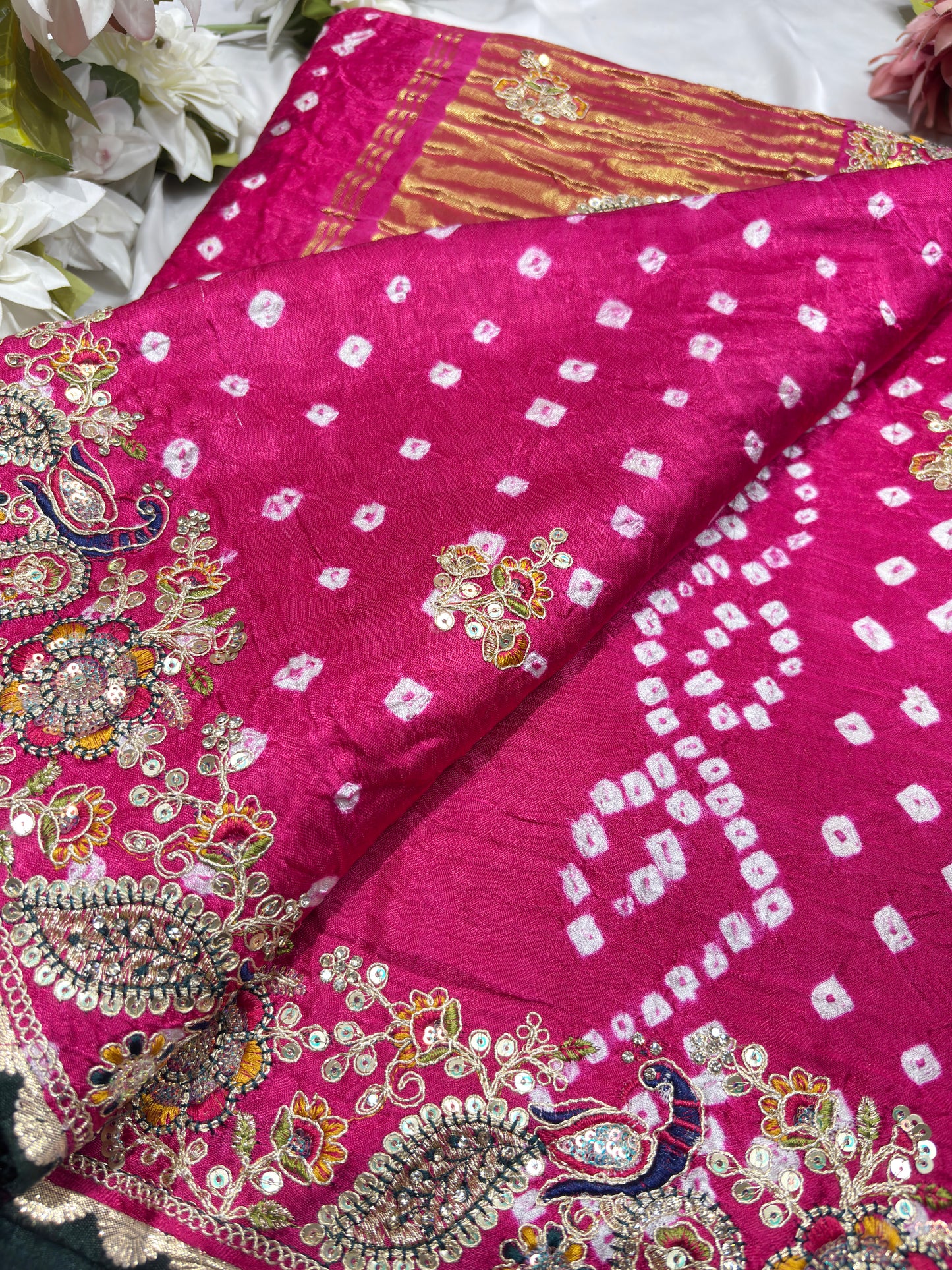 Gajji Silk Rani Colour Saree with Peacock and Paisley Motifs