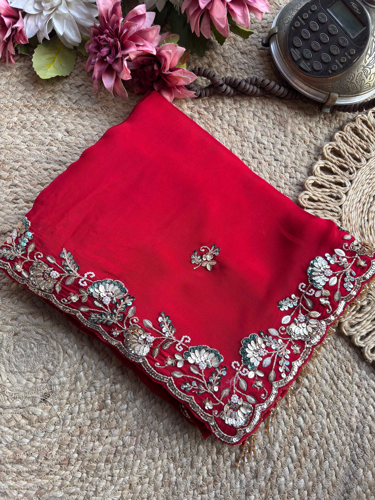 Red Embroidered Saree with Floral Sequin Designer Blouse