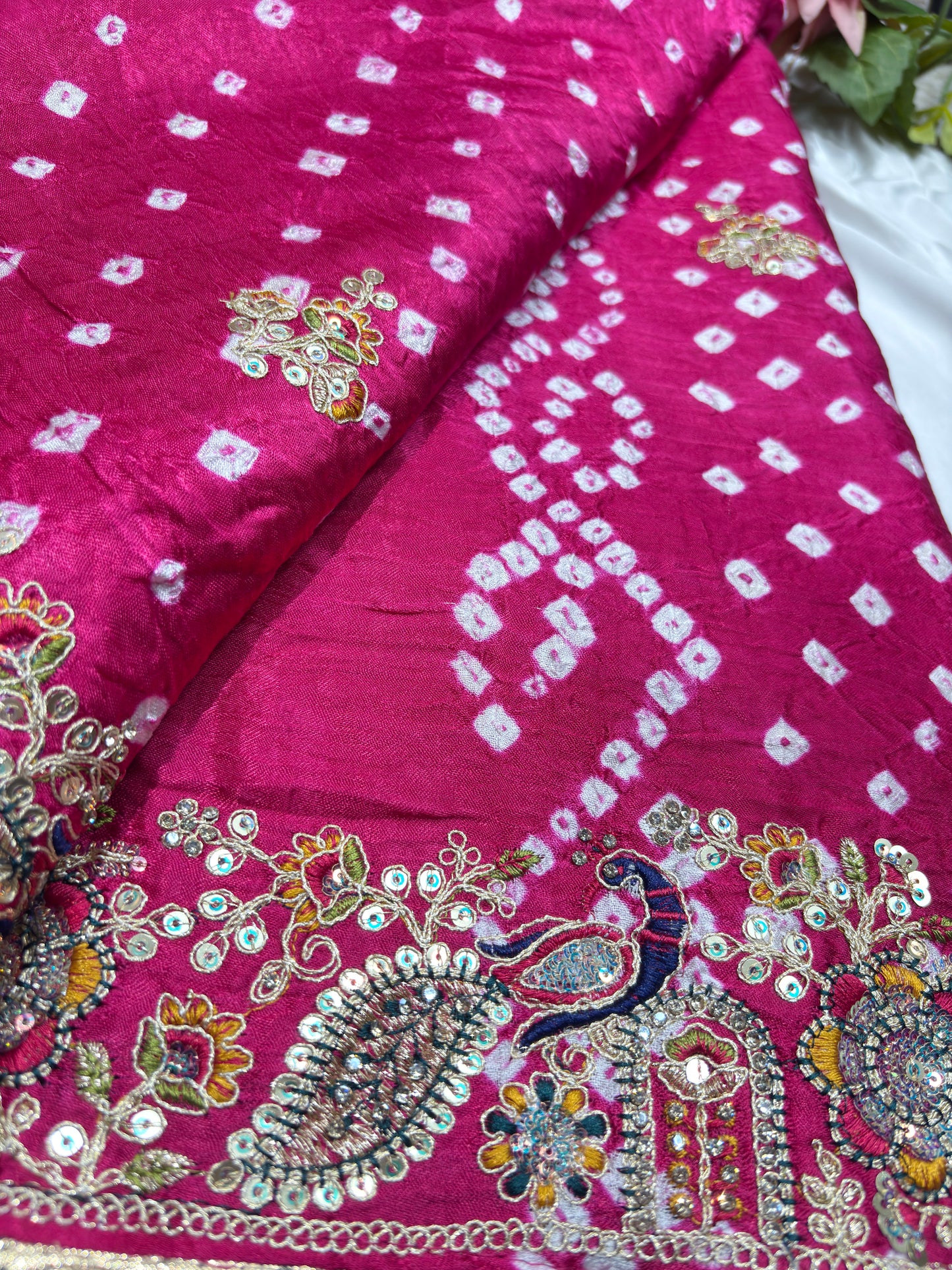 Gajji Silk Rani Colour Saree with Peacock and Paisley Motifs
