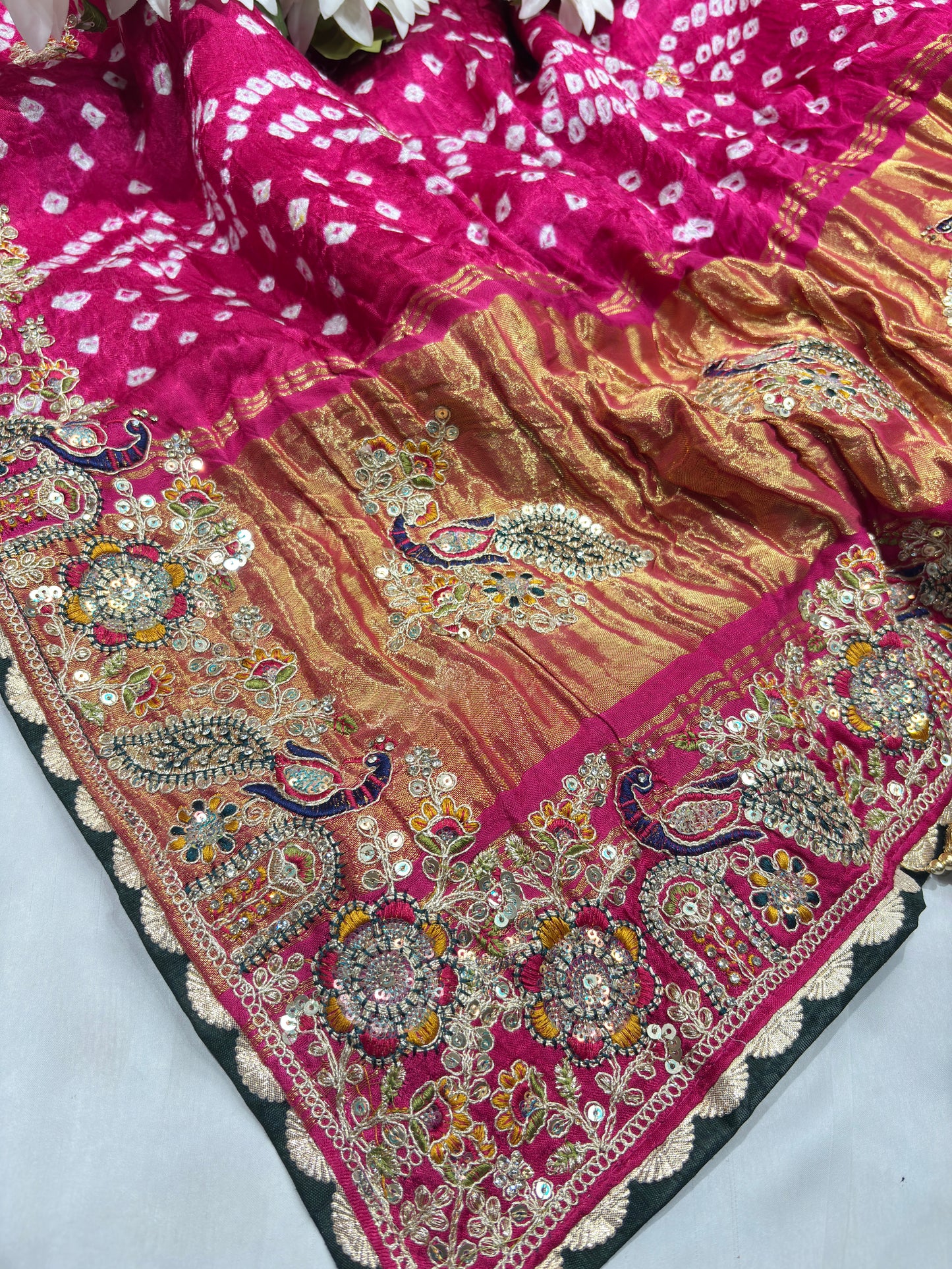 Gajji Silk Rani Colour Saree with Peacock and Paisley Motifs