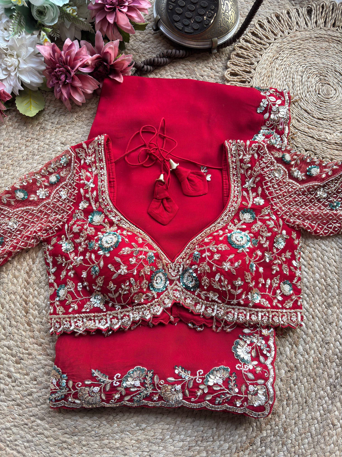 Red Embroidered Saree with Floral Sequin Designer Blouse
