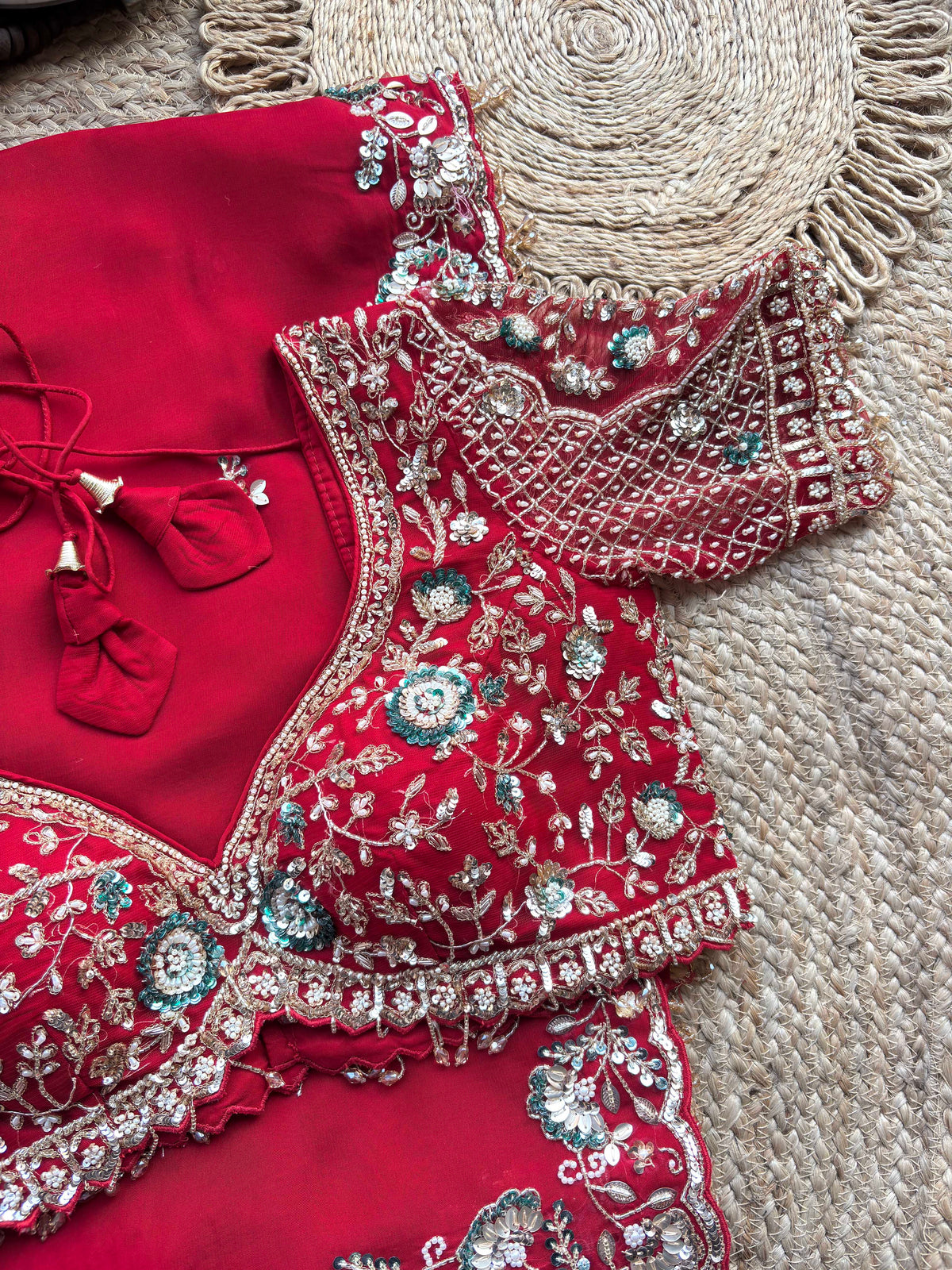 Red Embroidered Saree with Floral Sequin Designer Blouse