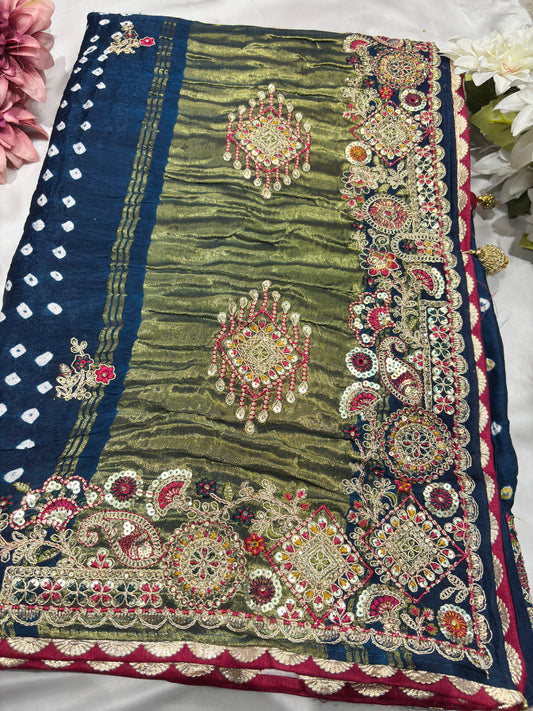 Gajji Silk Navy Blue Saree with Ornate Gold Embroidery