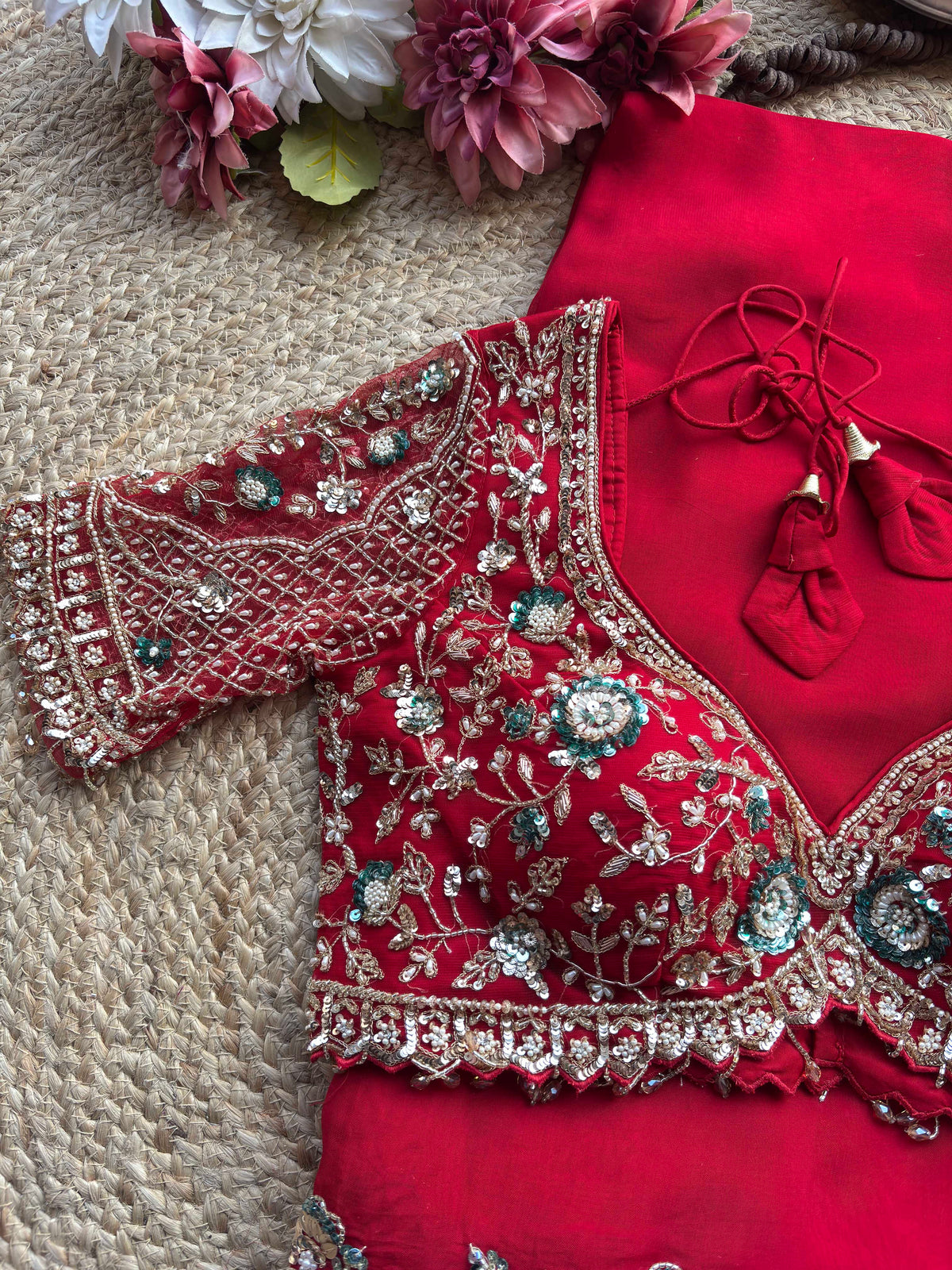 Red Embroidered Saree with Floral Sequin Designer Blouse