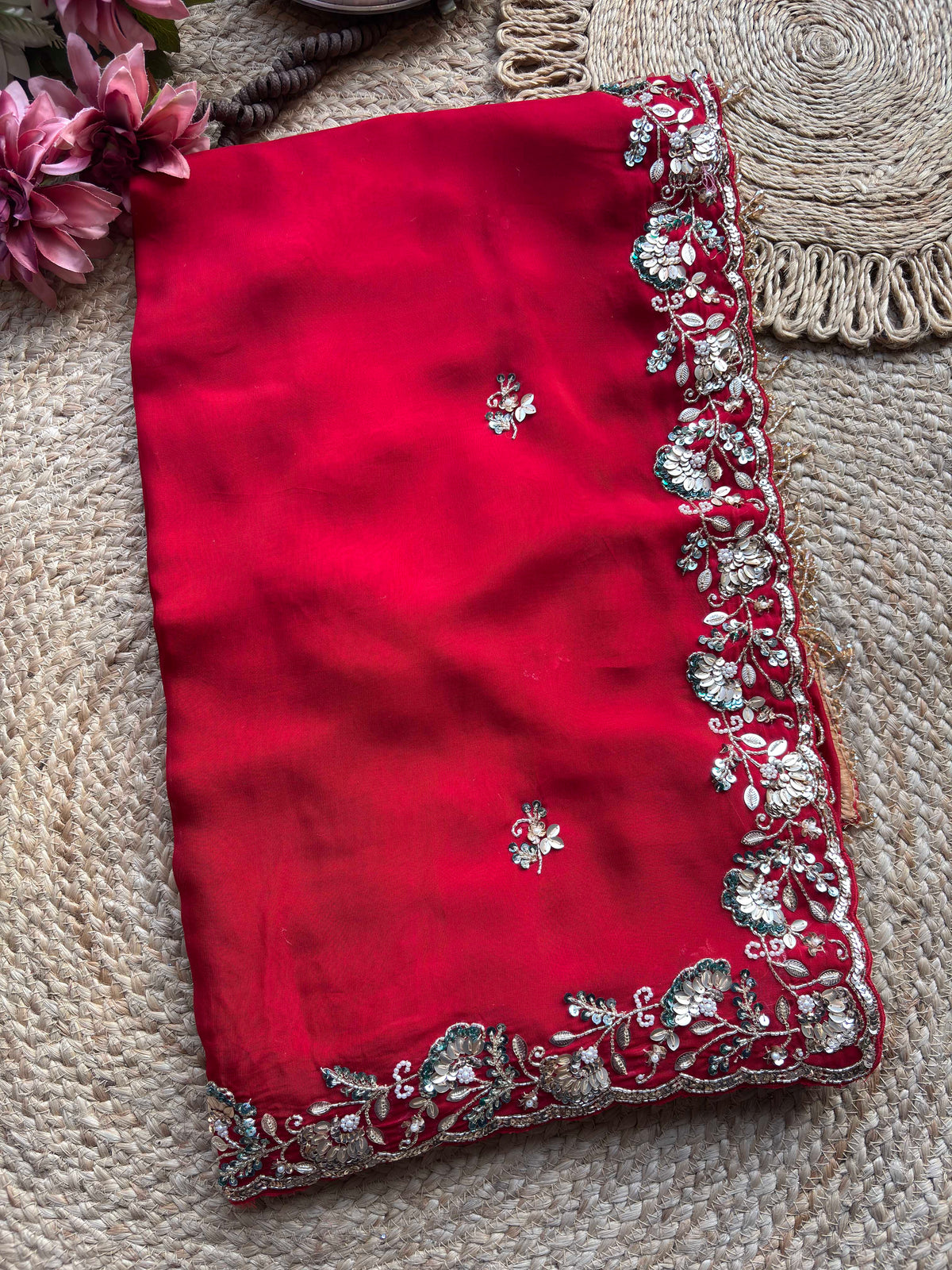 Red Embroidered Saree with Floral Sequin Designer Blouse
