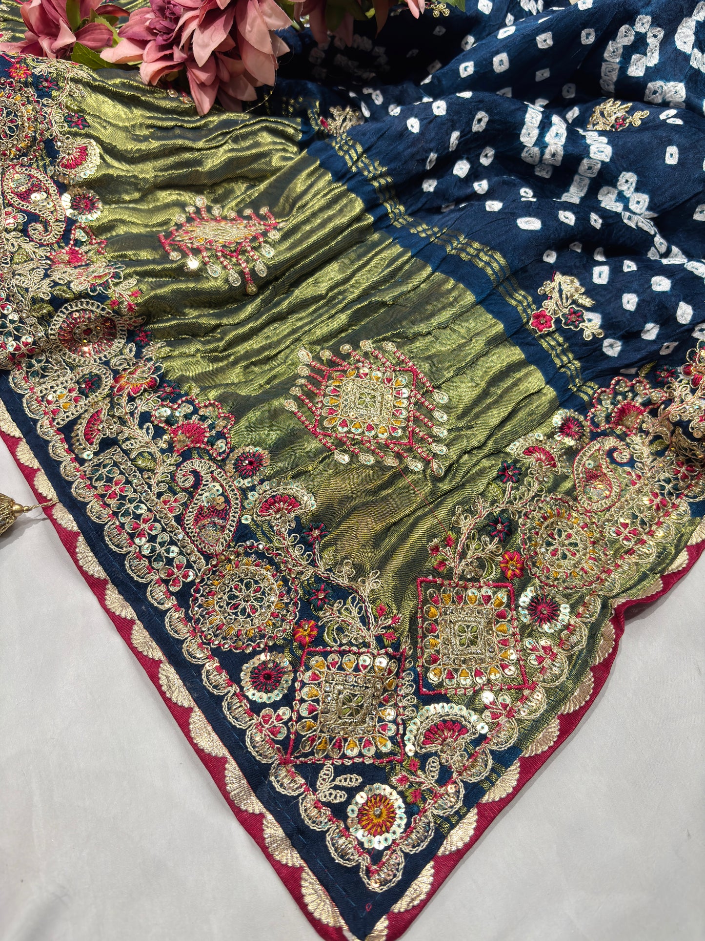 Gajji Silk Navy Blue Saree with Ornate Gold Embroidery