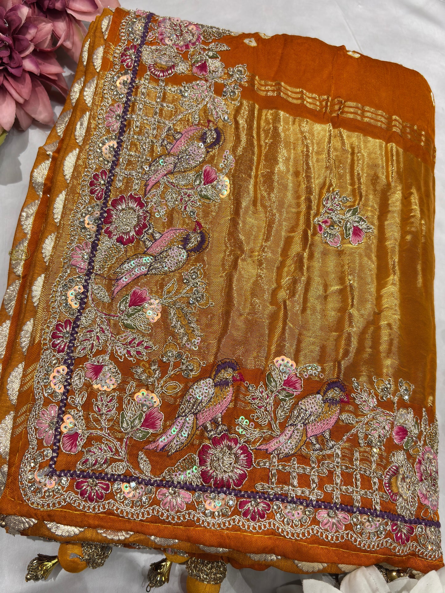 Gajji Silk Mustard Yellow Saree with Floral and Bird Motifs