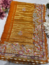 Gajji Silk Mustard Yellow Saree with Floral and Bird Motifs