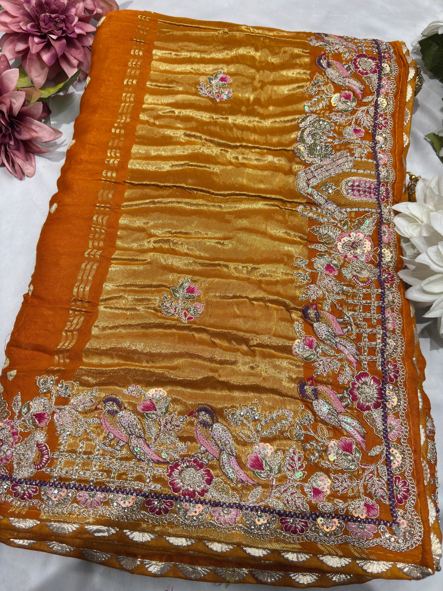 Gajji Silk Mustard Yellow Saree with Floral and Bird Motifs