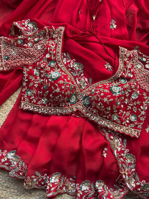 Red Embroidered Saree with Floral Sequin Designer Blouse