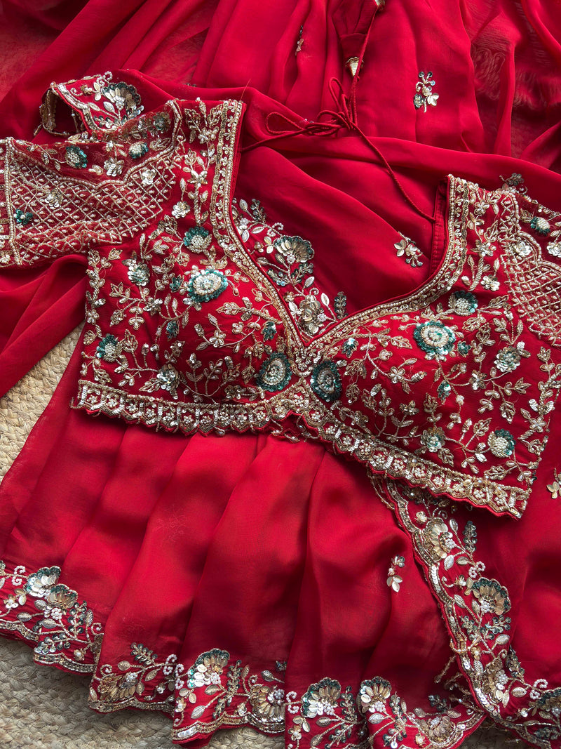 Red Embroidered Saree with Floral Sequin Designer Blouse