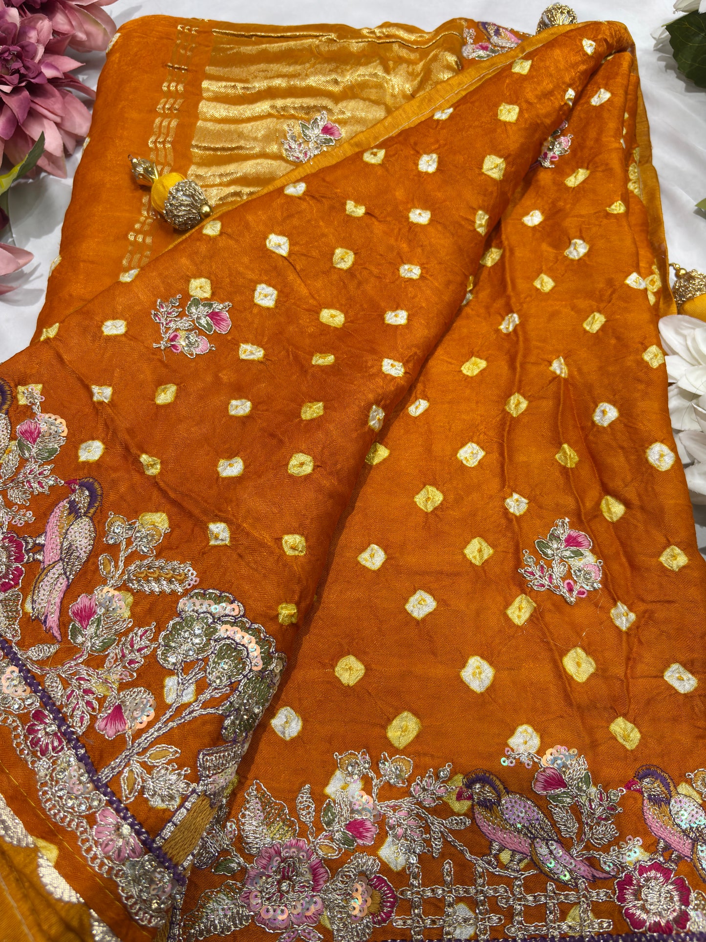 Gajji Silk Mustard Yellow Saree with Floral and Bird Motifs
