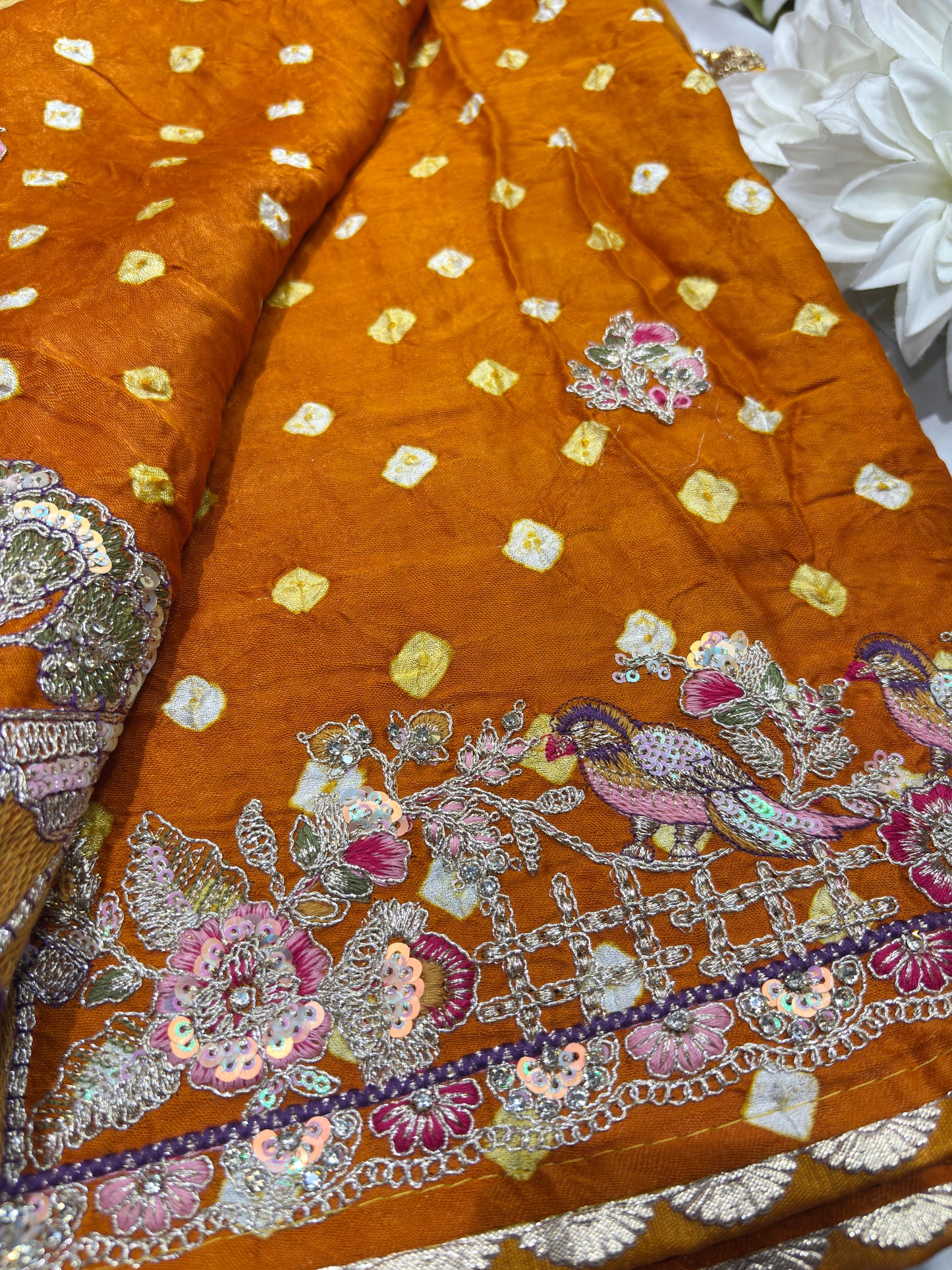 Gajji Silk Mustard Yellow Saree with Floral and Bird Motifs