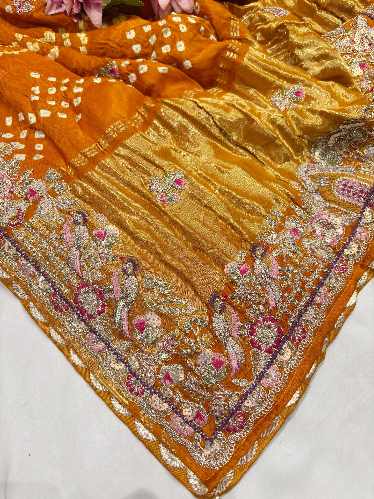 Gajji Silk Mustard Yellow Saree with Floral and Bird Motifs