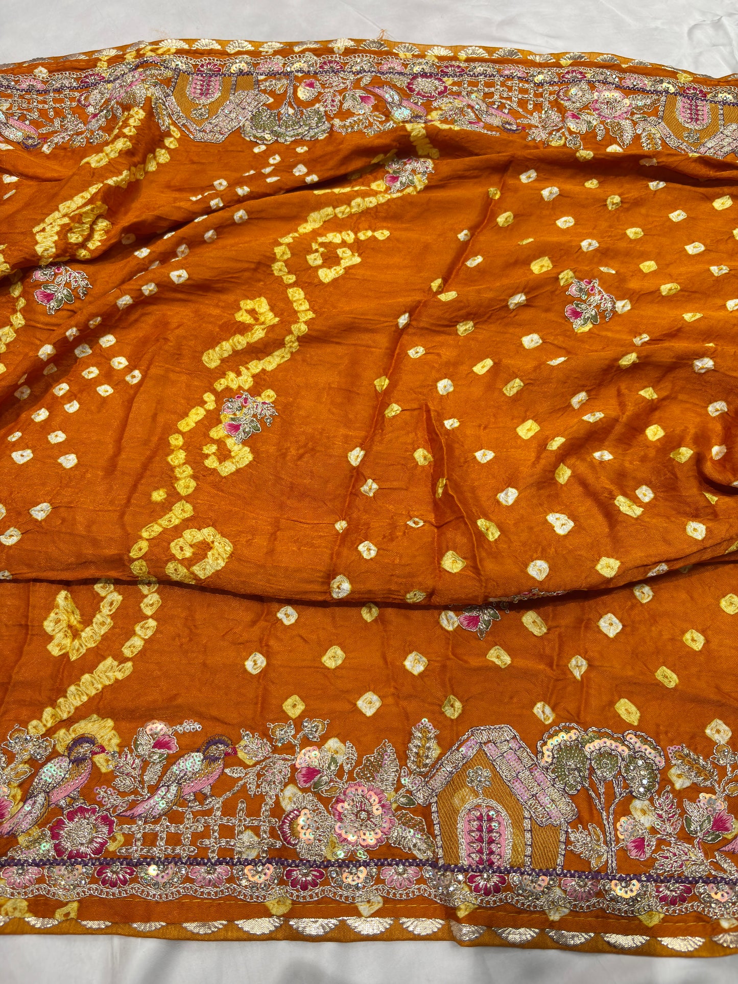 Gajji Silk Mustard Yellow Saree with Floral and Bird Motifs