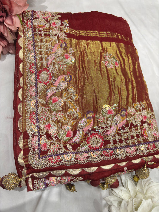 Gajji Silk Maroon Colour Saree with Floral and Bird Embroidery