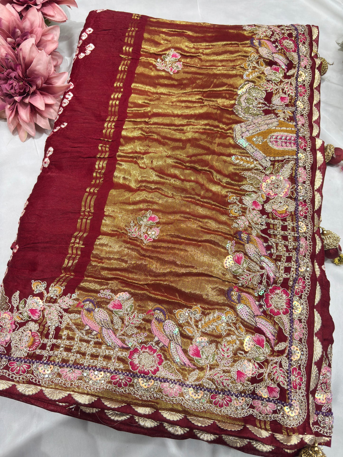 Gajji Silk Maroon Colour Saree with Floral and Bird Embroidery