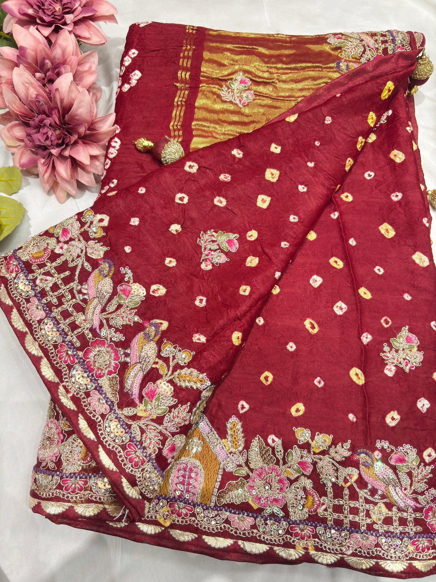 Gajji Silk Maroon Colour Saree with Floral and Bird Embroidery