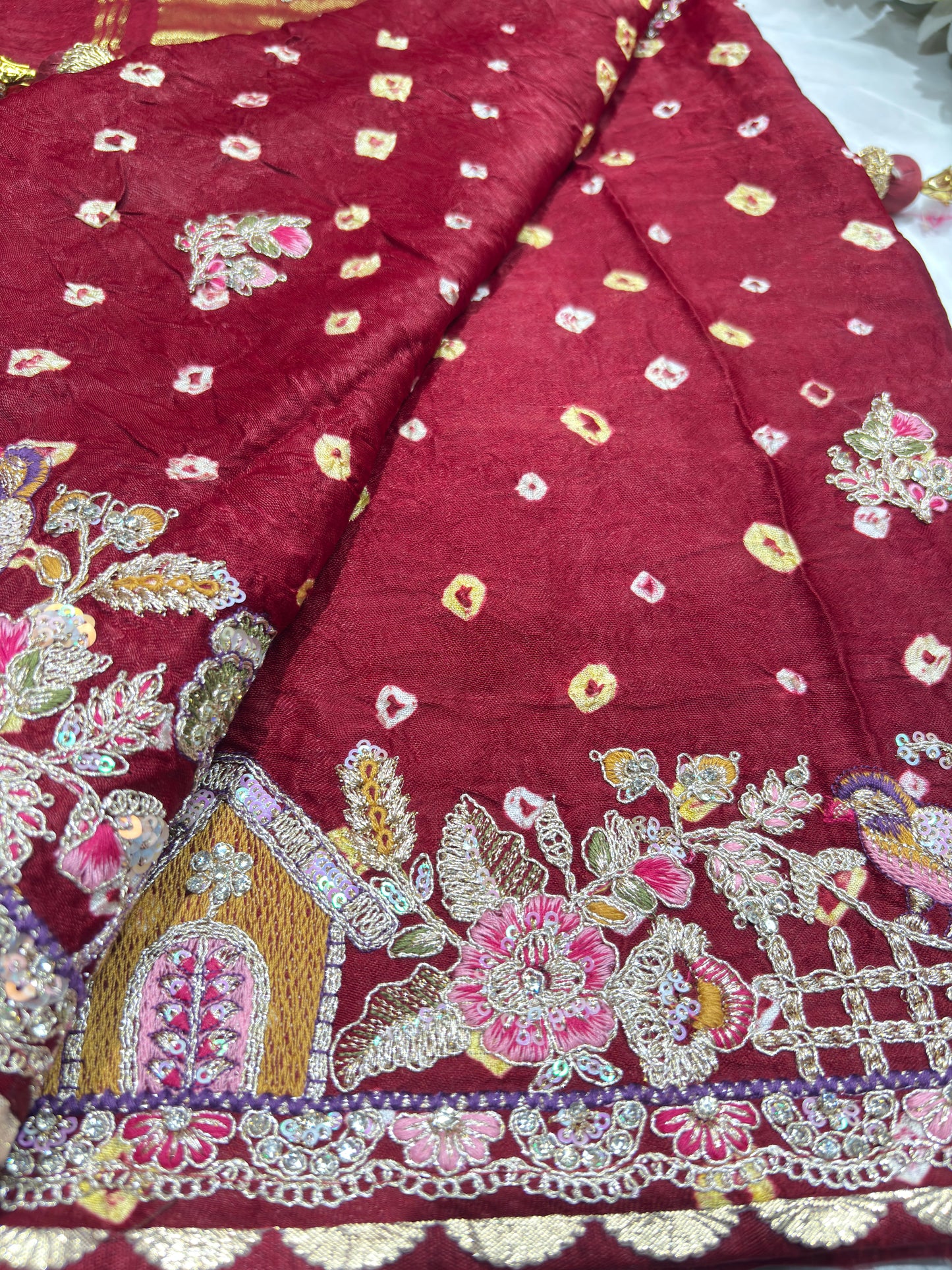 Gajji Silk Maroon Colour Saree with Floral and Bird Embroidery