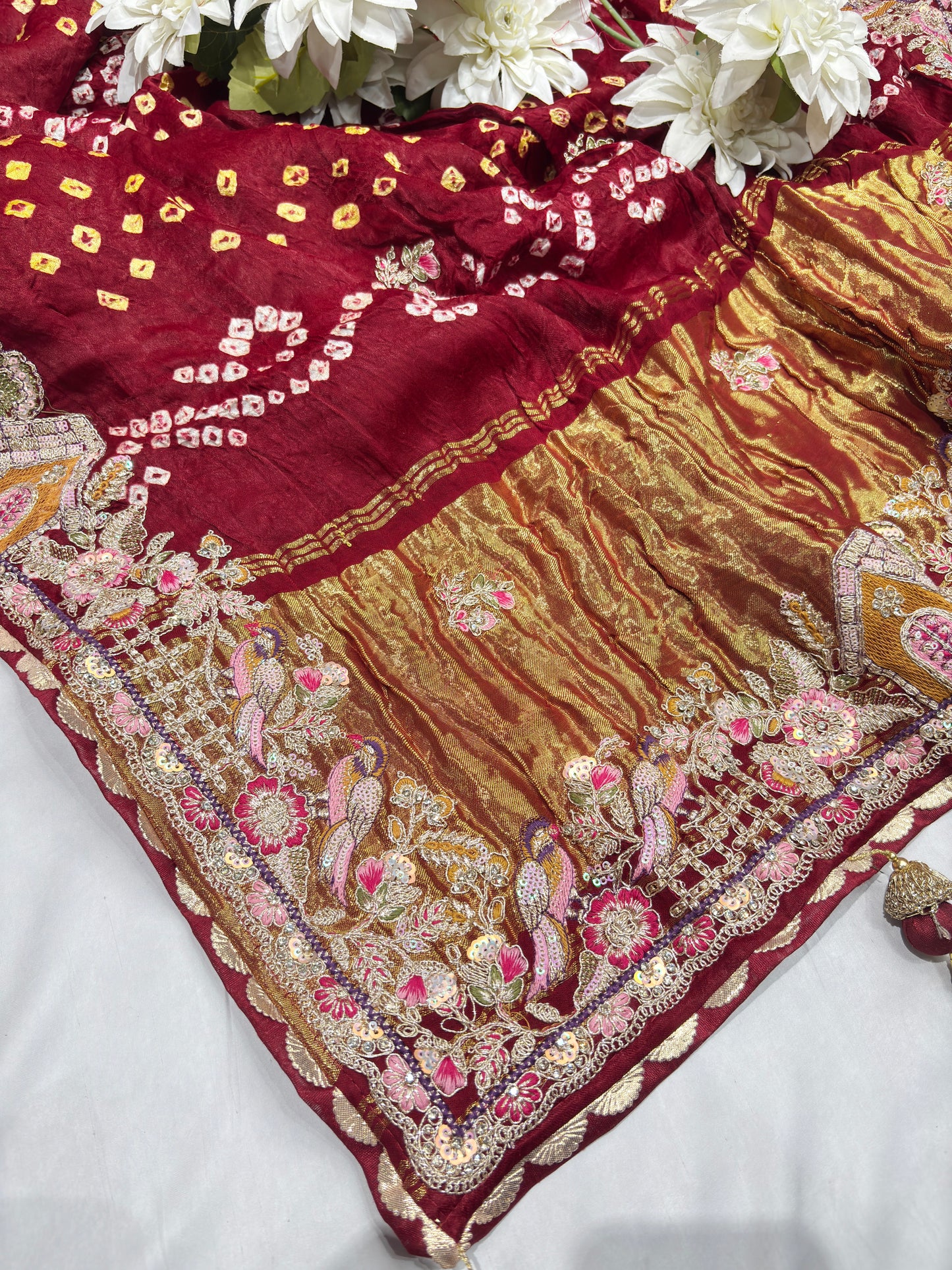 Gajji Silk Maroon Colour Saree with Floral and Bird Embroidery