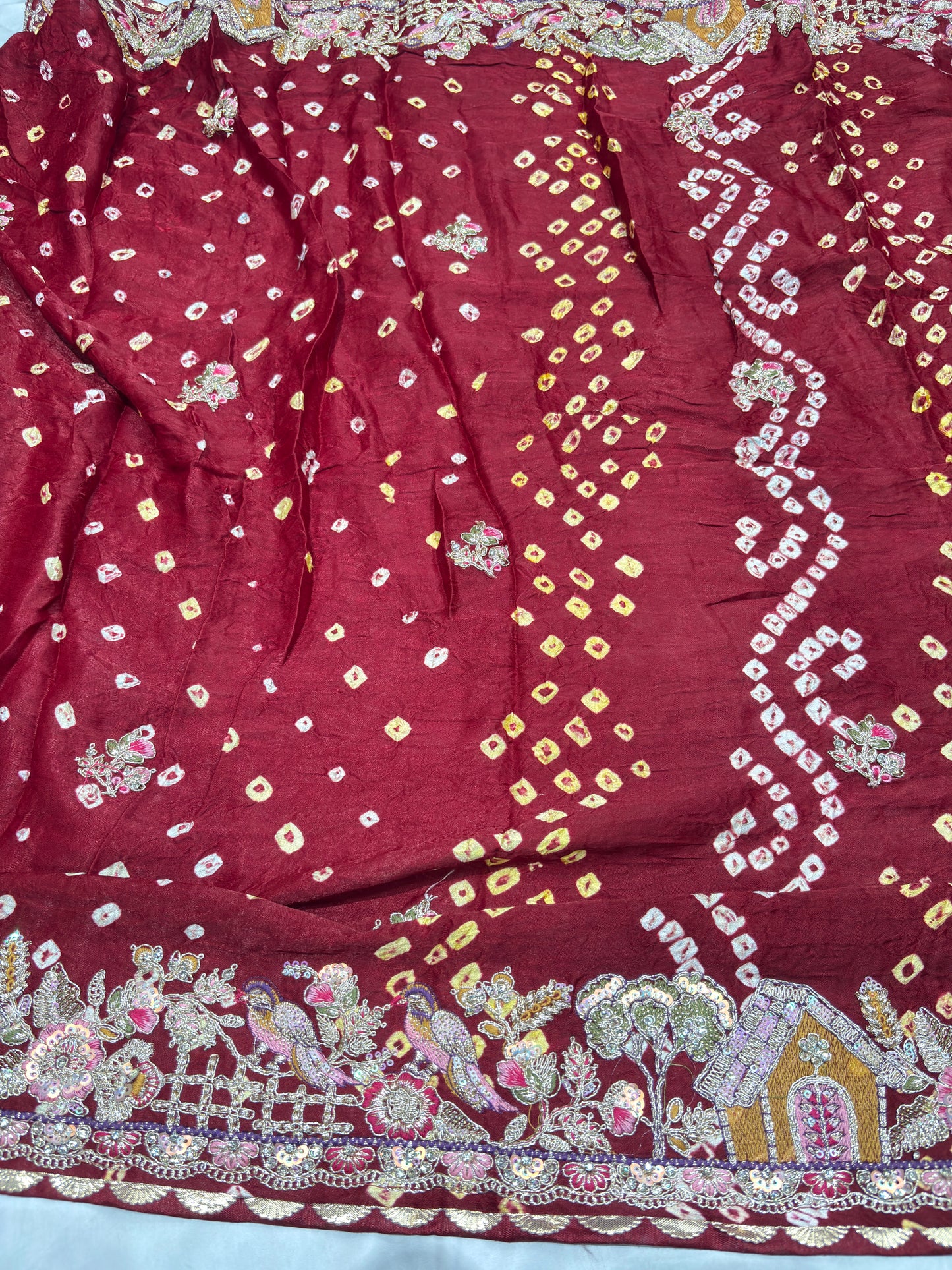 Gajji Silk Maroon Colour Saree with Floral and Bird Embroidery
