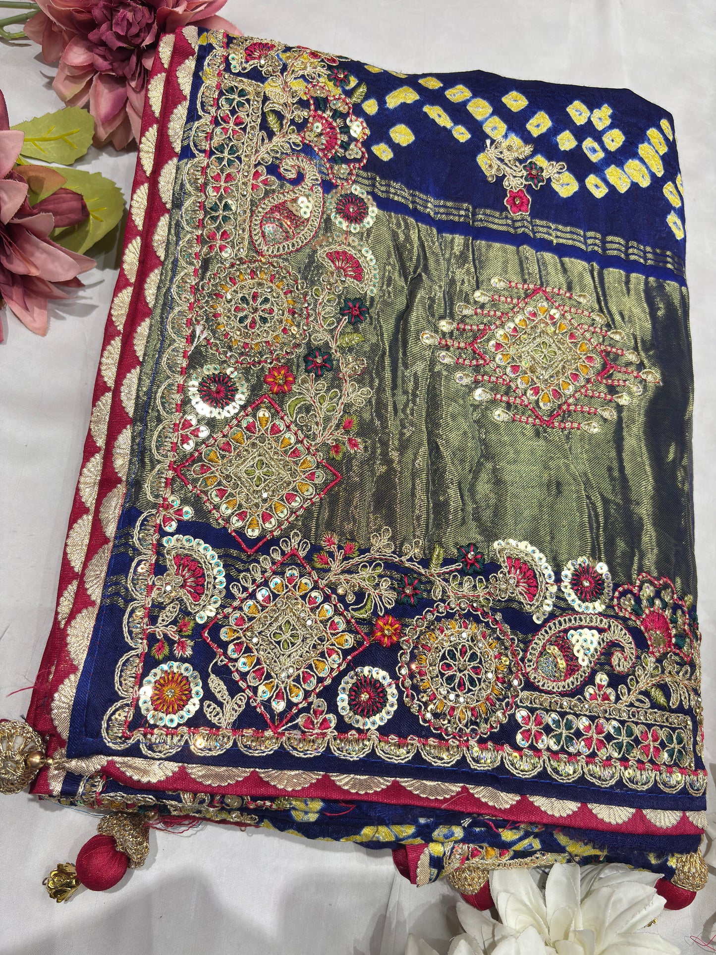 Gajji Silk Blue Colour Saree with Ornate Golden Embroidery