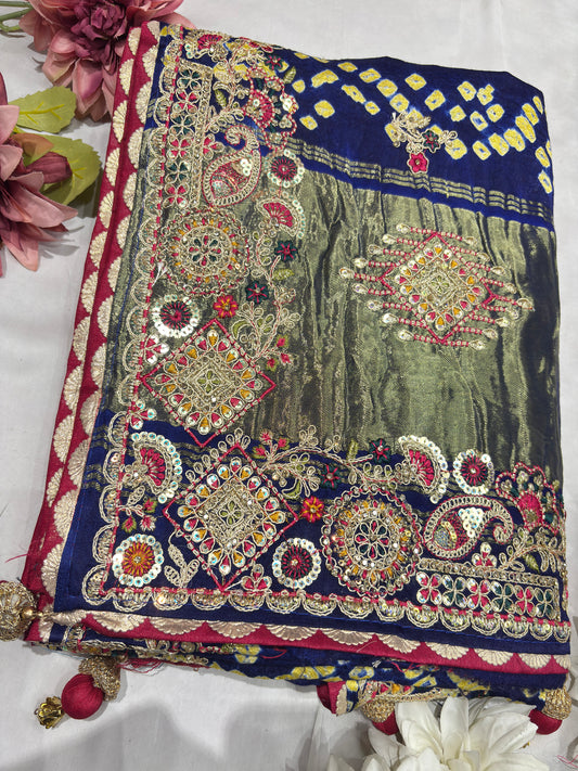 Gajji Silk Blue Colour Saree with Ornate Golden Embroidery