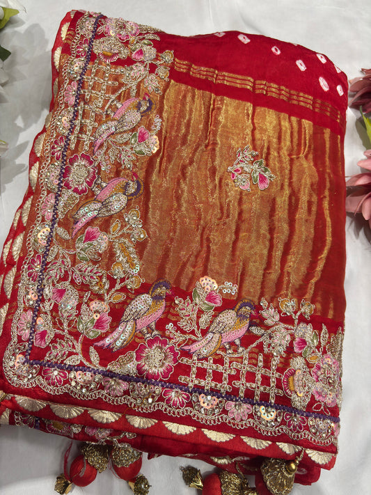 Gajji Silk Red Colour Saree with Ornate Floral Embroidery