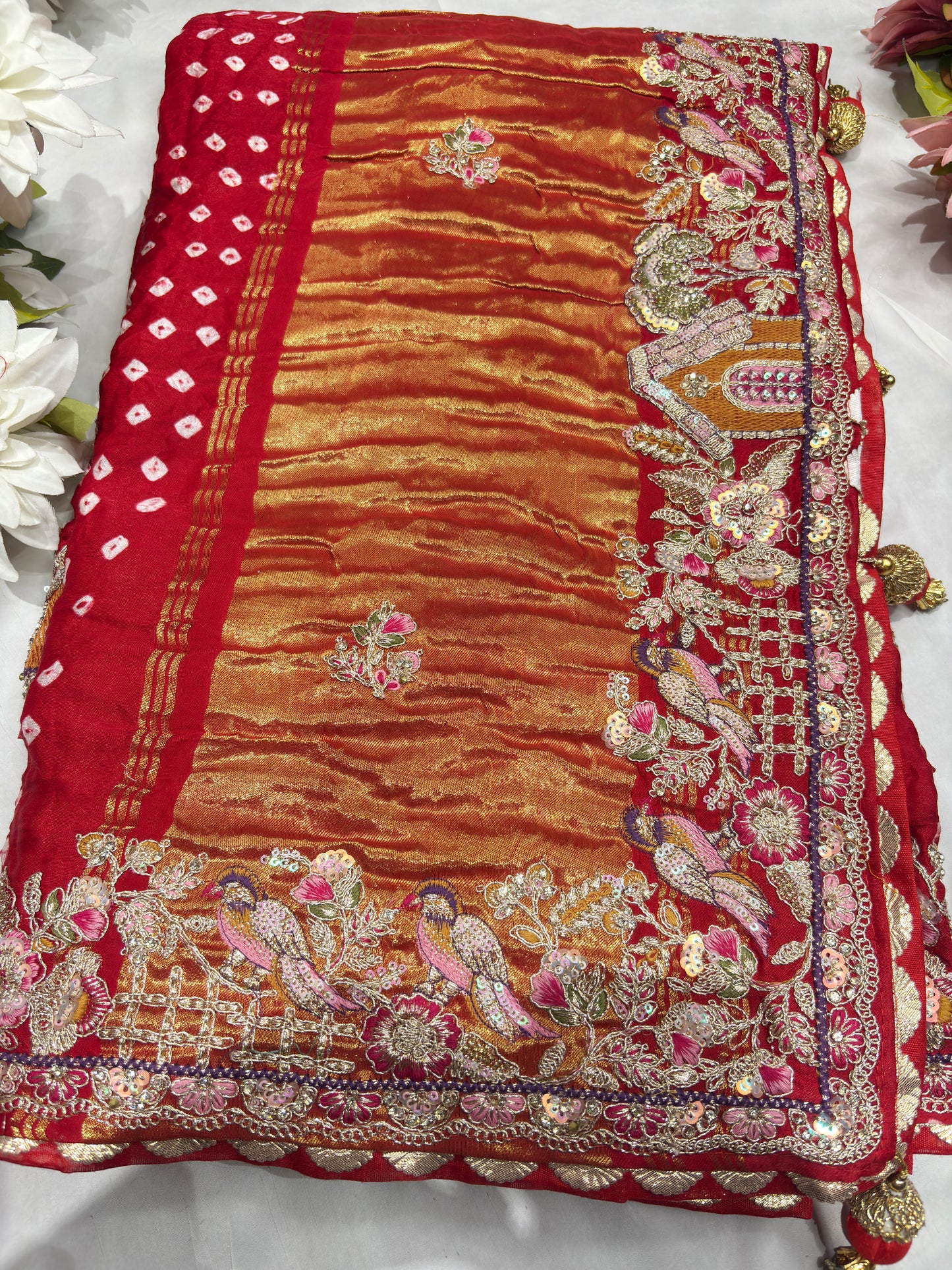 Gajji Silk Red Colour Saree with Ornate Floral Embroidery