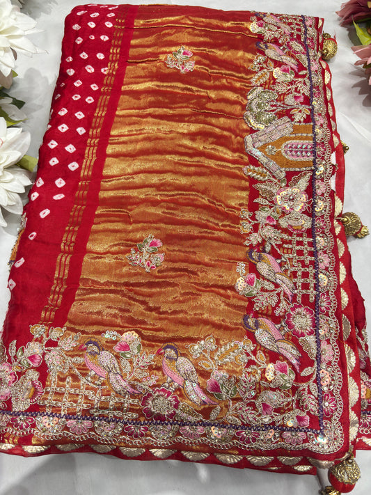 Gajji Silk Red Colour Saree with Ornate Floral Embroidery