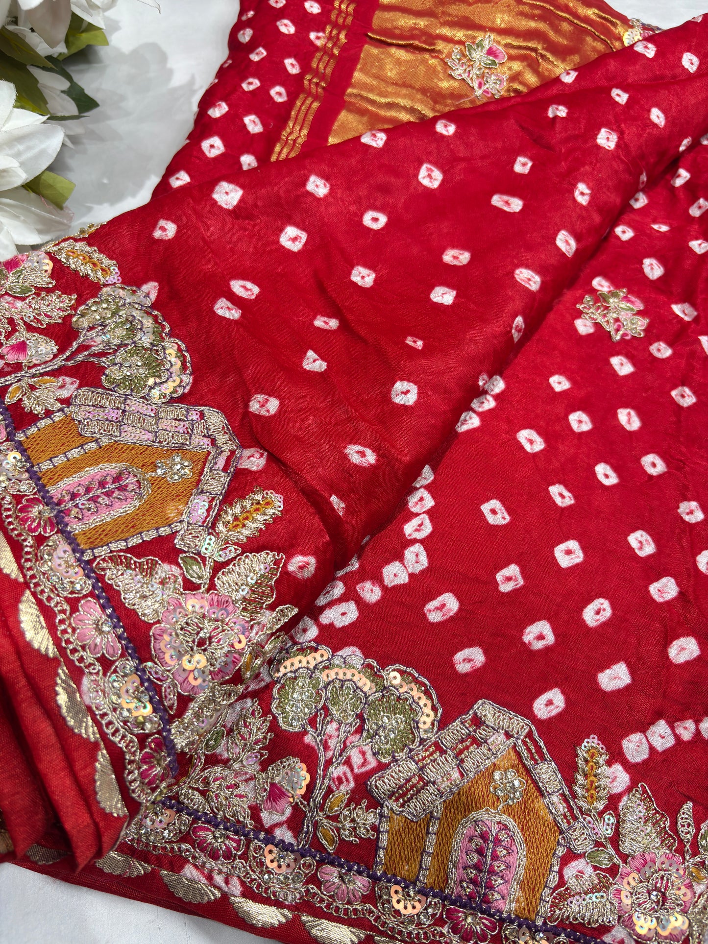 Gajji Silk Red Colour Saree with Ornate Floral Embroidery