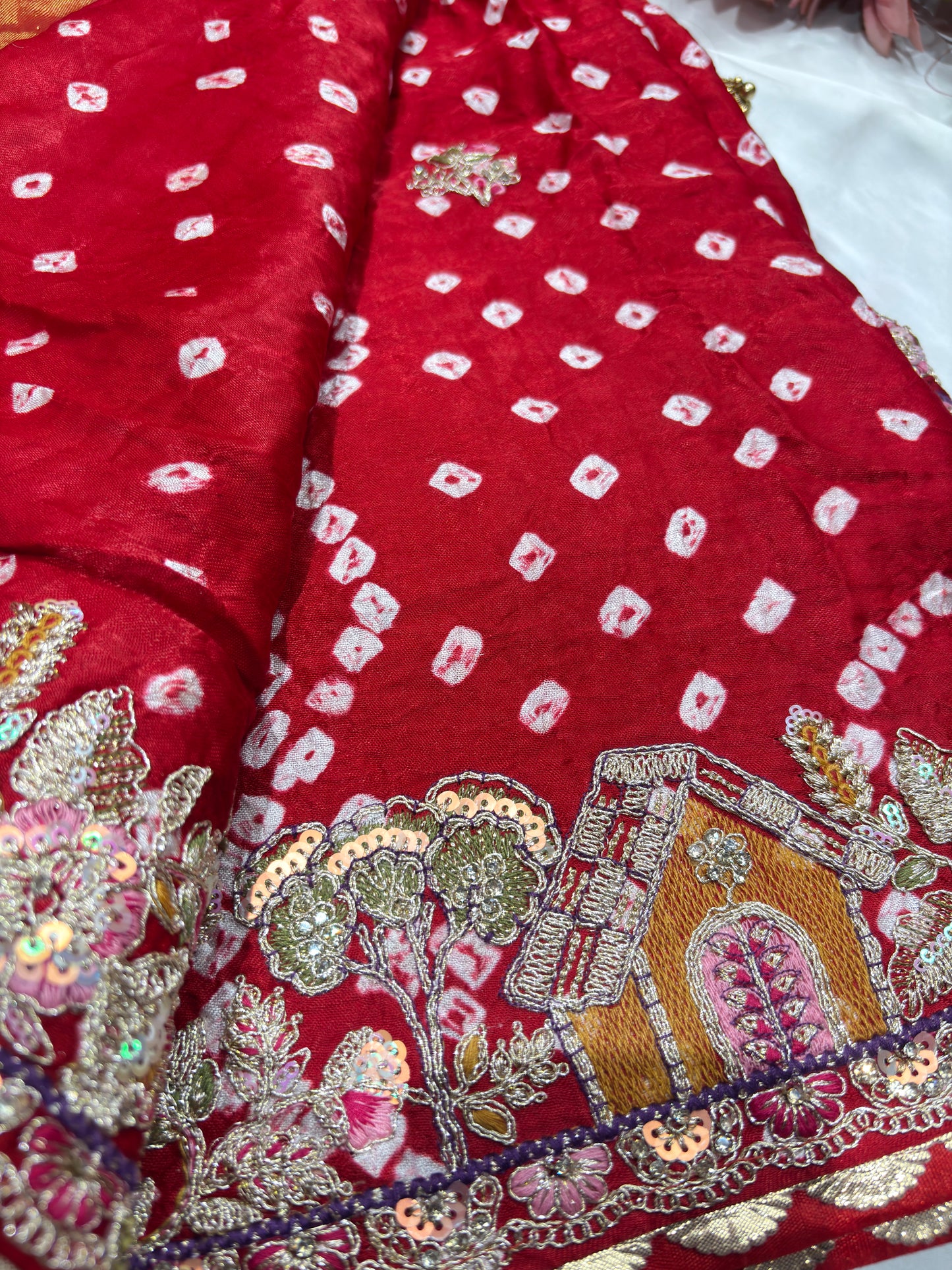 Gajji Silk Red Colour Saree with Ornate Floral Embroidery