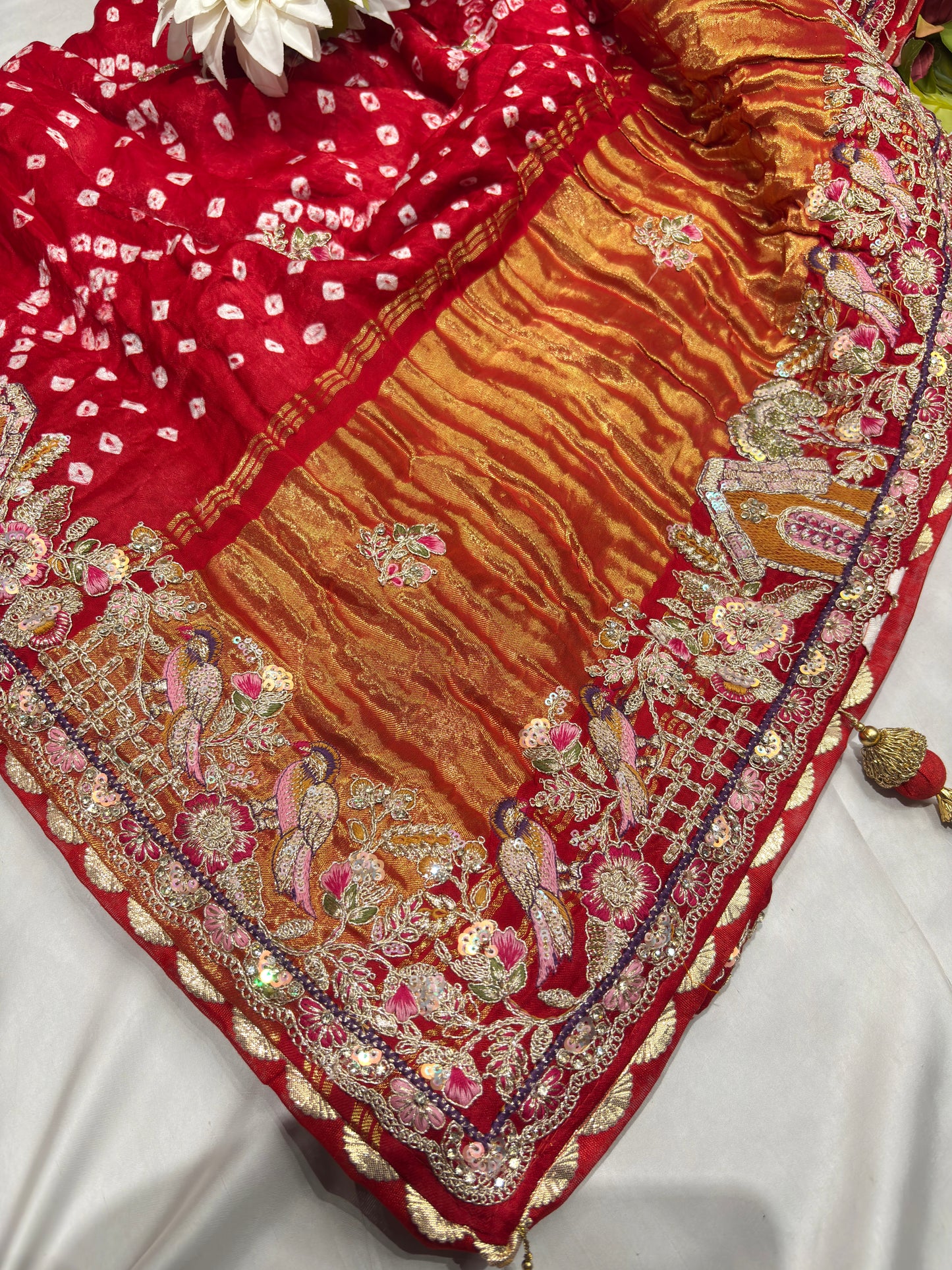 Gajji Silk Red Colour Saree with Ornate Floral Embroidery