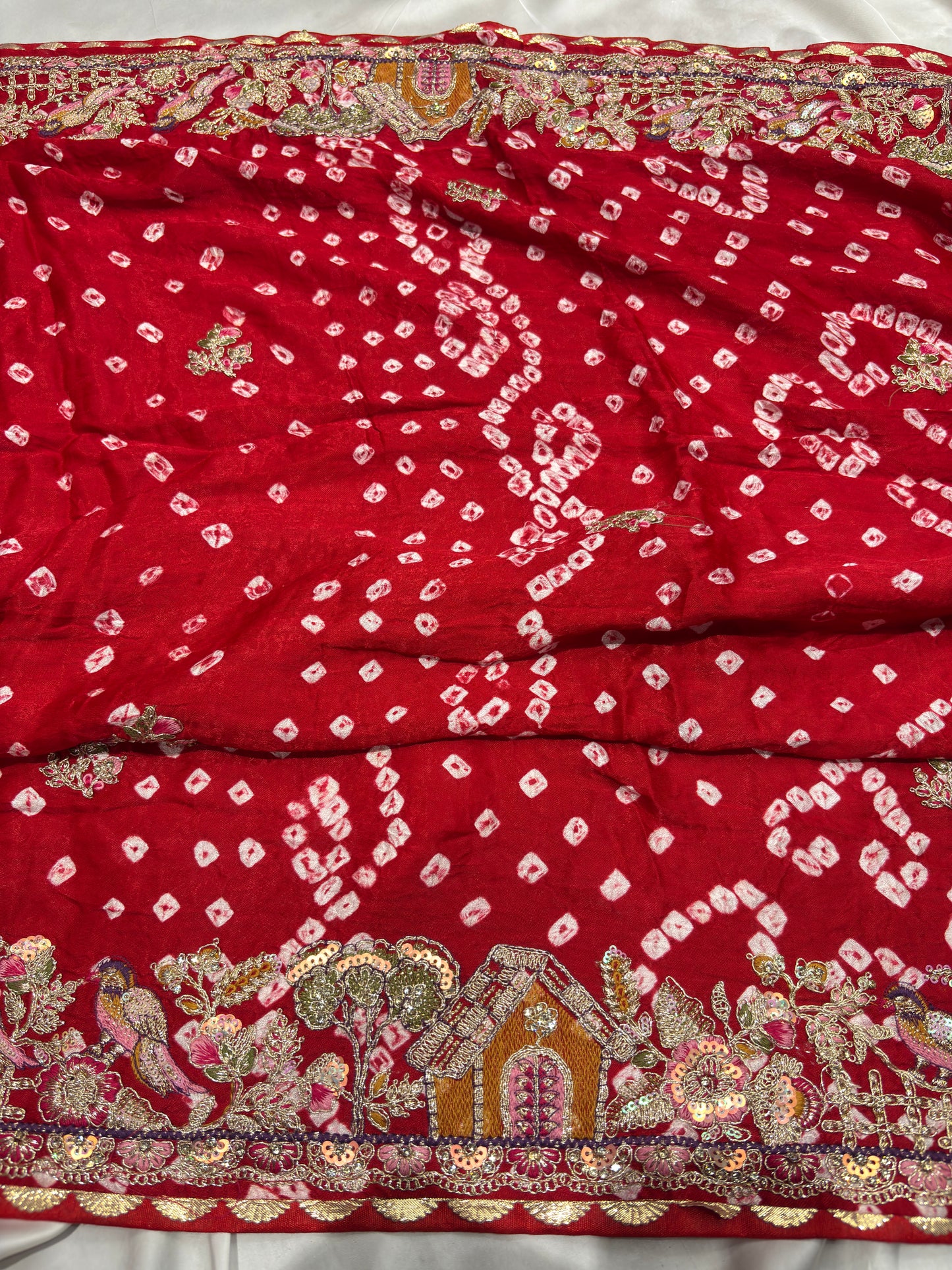 Gajji Silk Red Colour Saree with Ornate Floral Embroidery