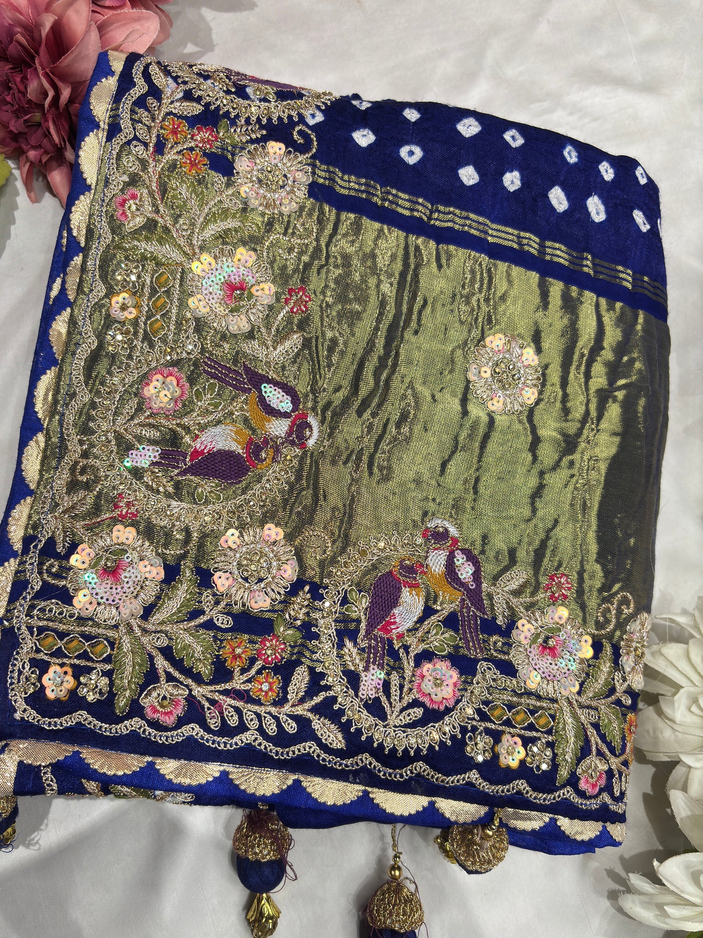 Gajji Silk Royal Blue Saree with Golden Bird Embroidery
