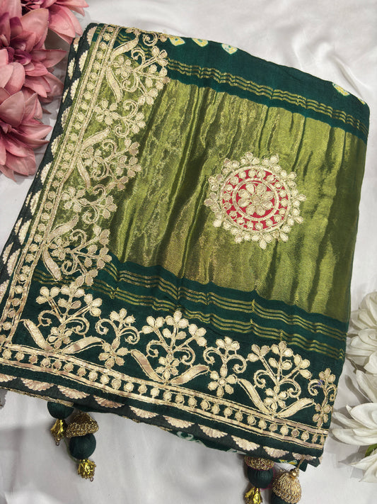 Gajji Silk Green Saree with Golden Floral Embroidery