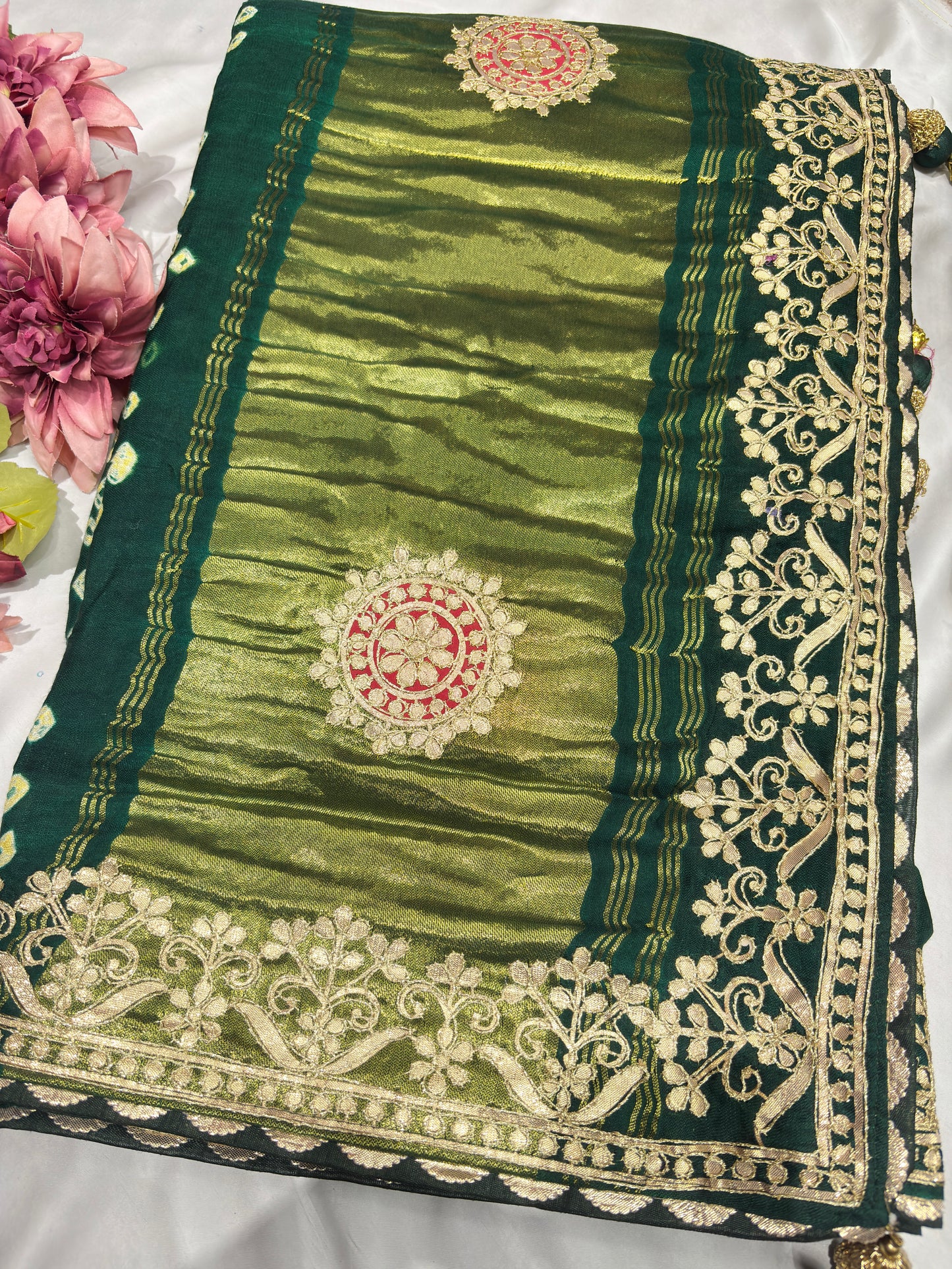Gajji Silk Green Saree with Golden Floral Embroidery