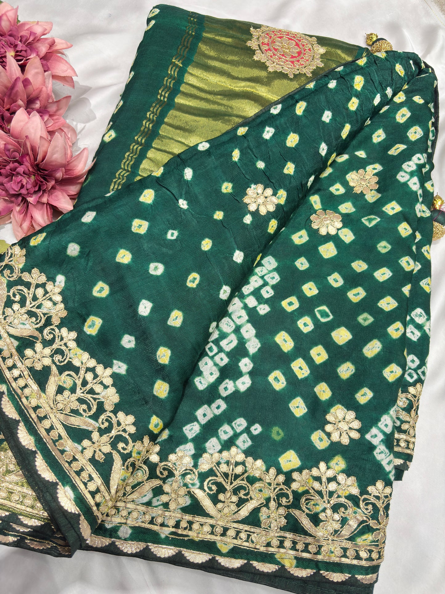 Gajji Silk Green Saree with Golden Floral Embroidery