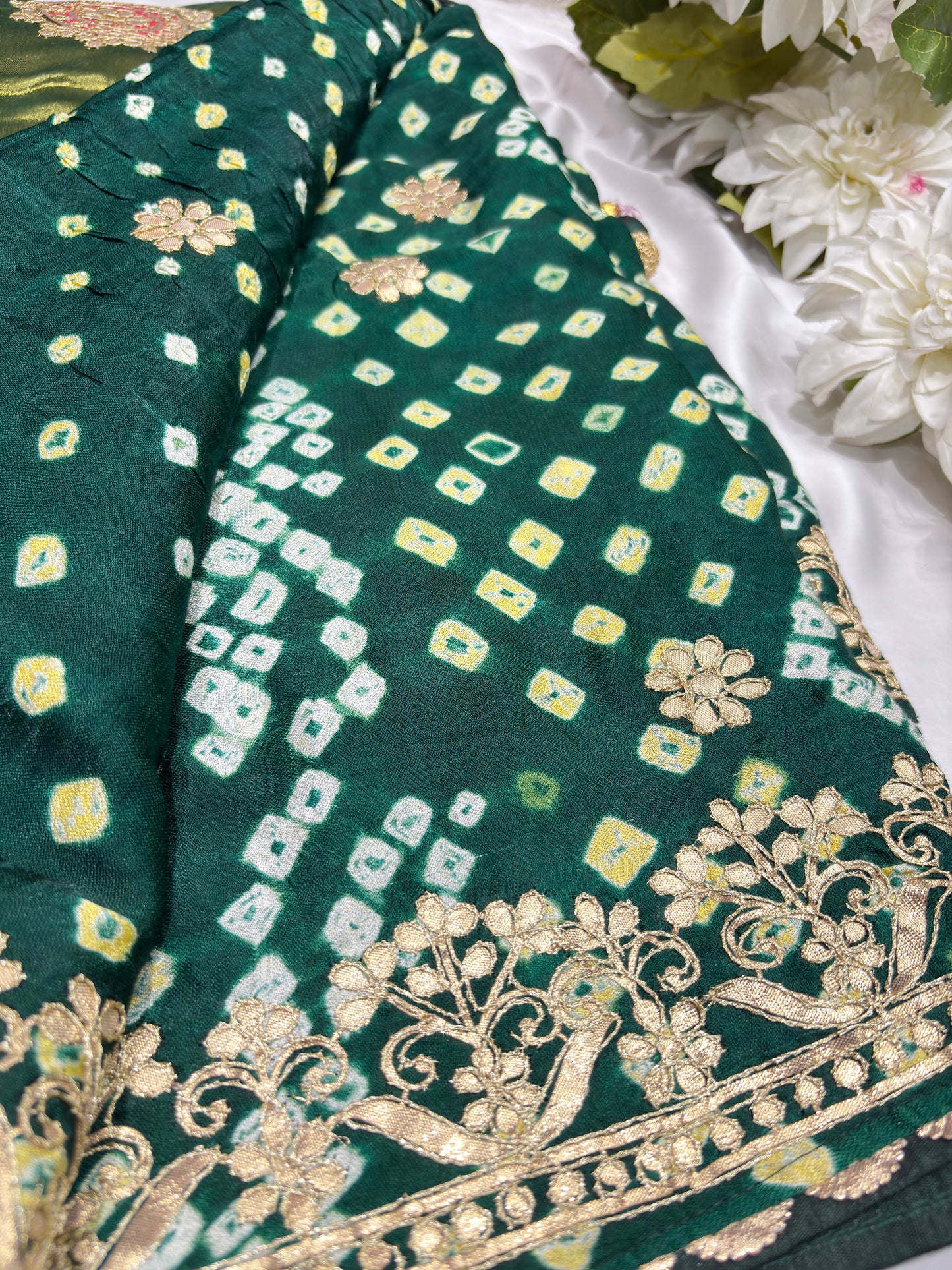 Gajji Silk Green Saree with Golden Floral Embroidery