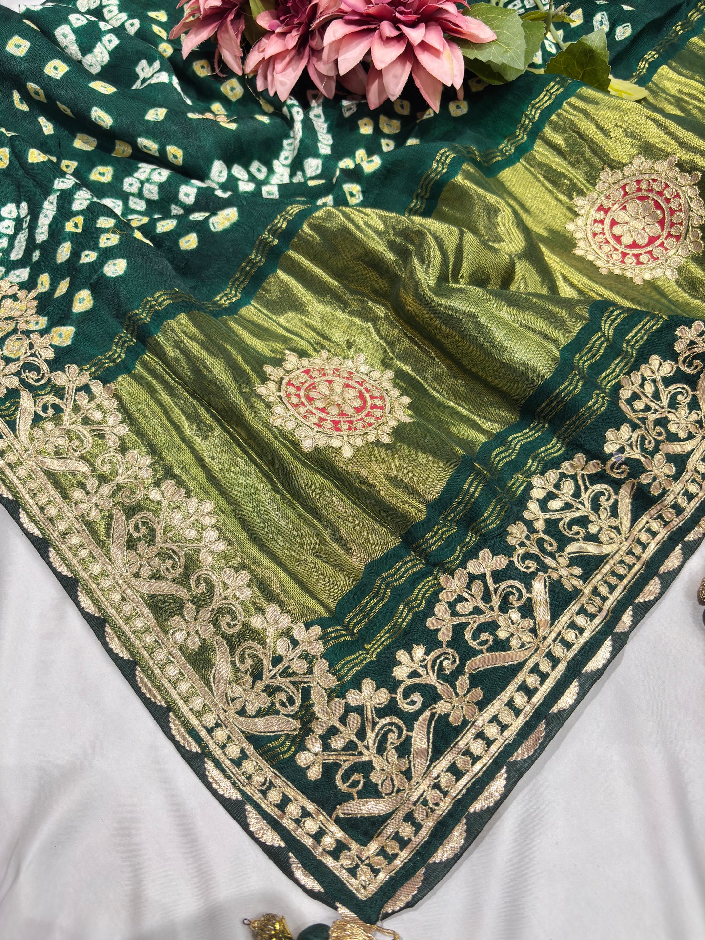 Gajji Silk Green Saree with Golden Floral Embroidery