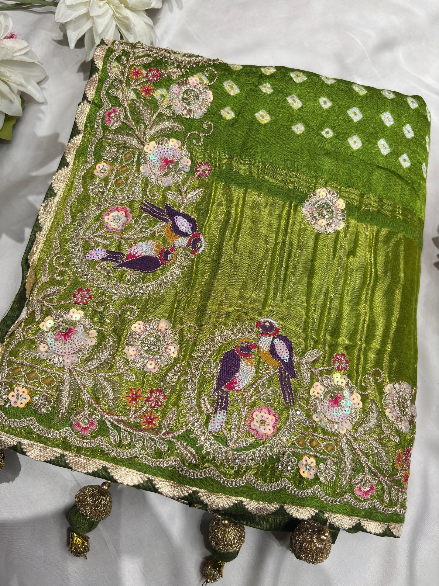 Gajji Silk Sage Green Saree with Bird and Floral Embroidery