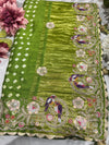 Gajji Silk Sage Green Saree with Bird and Floral Embroidery