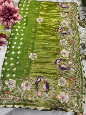 Gajji Silk Sage Green Saree with Bird and Floral Embroidery