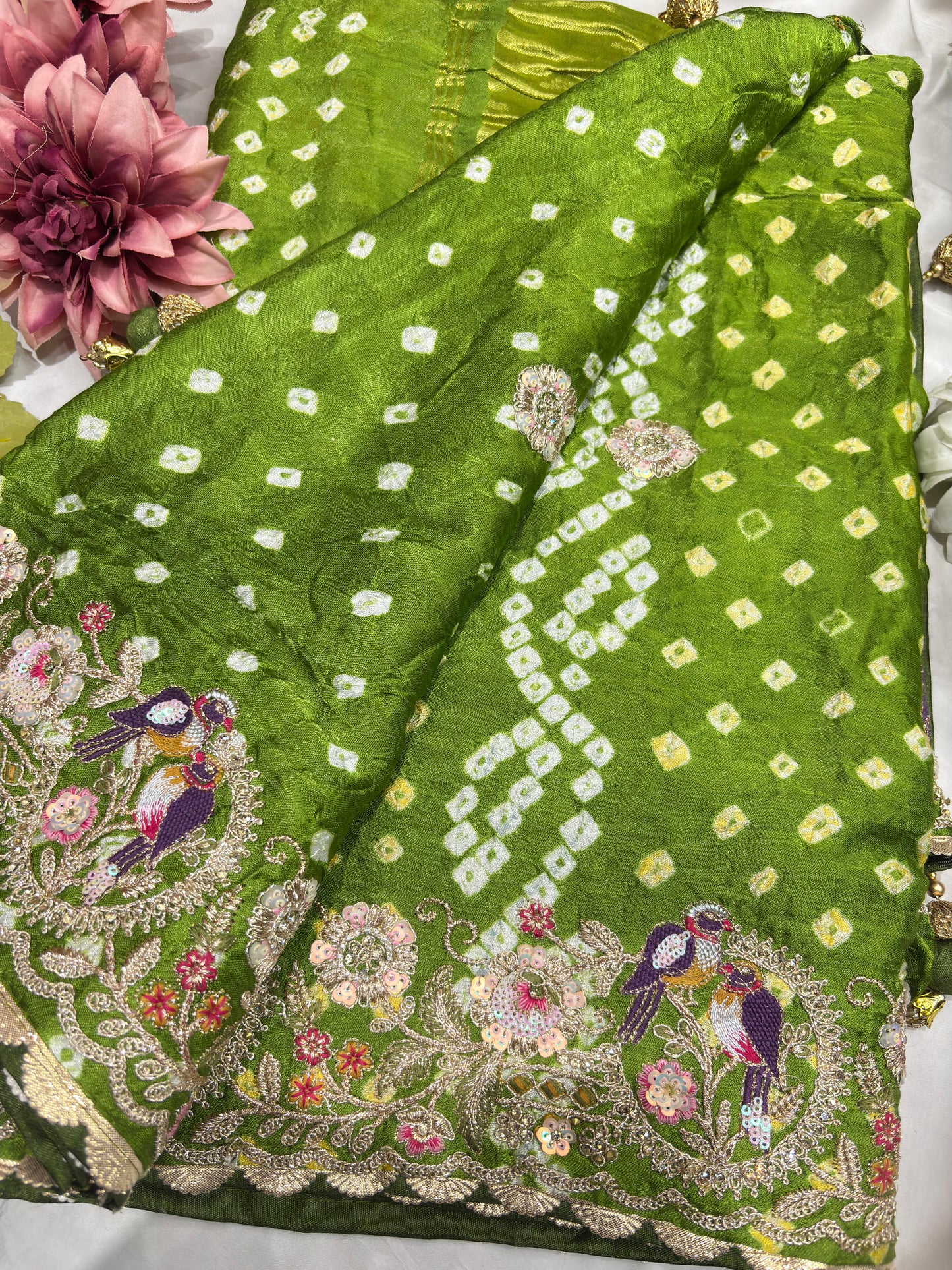 Gajji Silk Sage Green Saree with Bird and Floral Embroidery